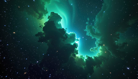 A stunning cosmic scene featuring vibrant clouds illuminated by radiant glow, surrounded by countless stars in vast universeの素材