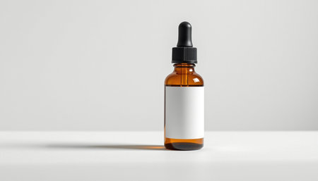 A minimalist serum dropper bottle mockup with clear label, showcasing sleek design and soft shadows, perfect for product presentationの素材