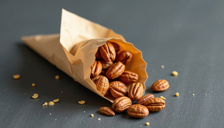 A delicious pecan nuts in paper cone, showcasing their rich texture and natural color, perfect for snacking or bakingの素材