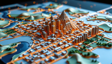A detailed holographic city model showcasing interactive urban landscape with intricate buildings and green spaces, evoking sense of innovationの素材