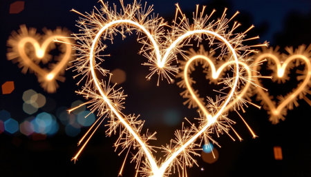 A sparkler drawing hearts in night sky, creating magical and romantic atmosphere with bright sparks and glowing lightsの素材
