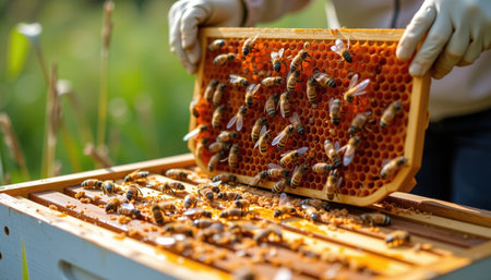 A beekeeping operation with honeycomb, bees, and natural environment showcases intricate work of beekeepersの素材