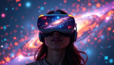 A person wearing vr goggles experiences cosmic journey through vibrant galaxy, immersed in world of stars and colorsの素材