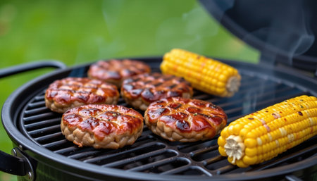 A grilling delicious sausages and corn on bbq grill creates mouthwatering outdoor experience. smoky aroma fills air, inviting everyone to enjoyの素材