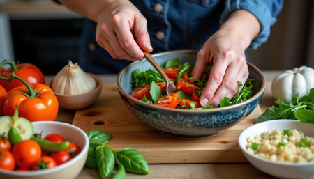 A fresh salad preparation with vibrant vegetables, including tomatoes, greens, and herbs, showcasing healthy lifestyle and culinary creativityの素材