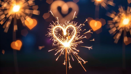 A heart shape created by sparkler illuminates night, surrounded by glowing sparks and soft bokeh effects, evoking joy and celebrationの素材