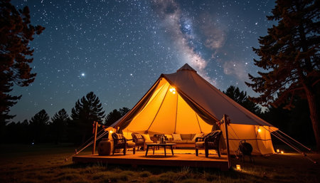 A luxury glamping tent illuminated under starry night sky, surrounded by trees, offers cozy and inviting atmosphere for outdoor enthusiastsの素材