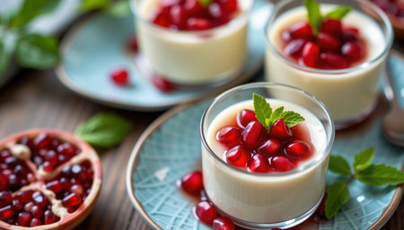A creamy panna cotta topped with vibrant pomegranate seeds and fresh mint leaves, served elegant glass dishes, creating delightful dessertの素材