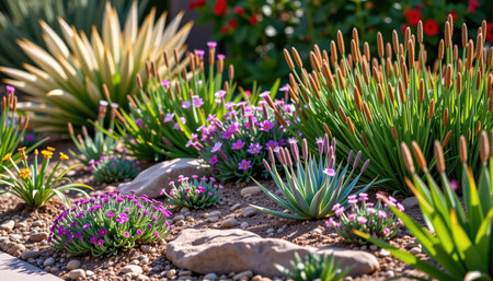 A vibrant xeriscape garden featuring drought resistant plants, flowers, and decorative stones creates serene outdoor spaceの素材