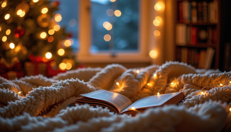 A cozy blanket open book warm lights festive atmosphere holiday season soft textures inviting space peaceful settingの素材