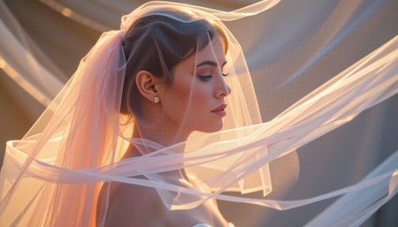 A serene bride with flowing veil, captured soft light, exudes elegance and grace. delicate fabric enhances her beauty and creates dreamy atmosphereの素材