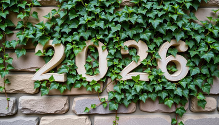 A growing ivy covers stone wall, framing year 2026 beautifully. lush greenery adds vibrant touch to rustic textureの素材