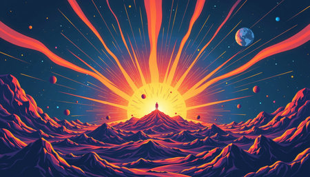 A vibrant cosmic landscape featuring radiant sun rising over mountain range, with shockwaves and planets background, evokes sense of wonderの素材