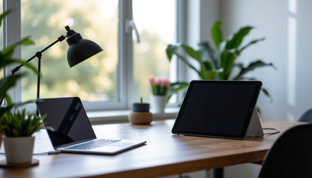 A modern home office setup featuring laptop and tablet wooden desk, illuminated by natural light from window. space is enhanced by indoor plantsの素材