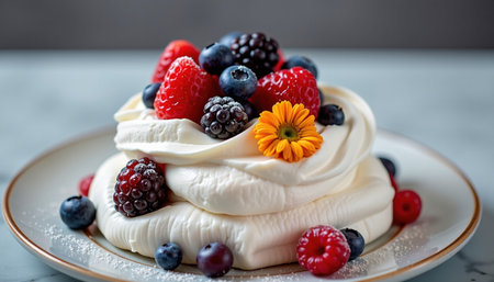 A delightful pavlova topped with fresh berries and vibrant flower, creating visually appealing dessert that evokes joy and indulgenceの素材
