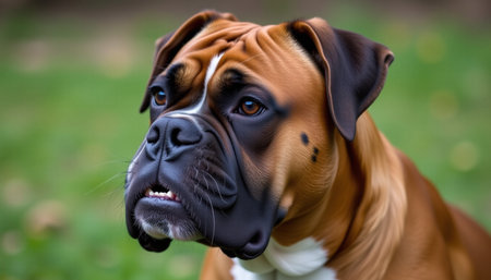 A muscular boxer dog with distinctive face and expressive eyes, showcasing its strong features and playful demeanor in natural outdoor settingの素材