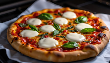 An artisanal pizza topped with fresh burrata, basil leaves, and rich tomato sauce, showcasing delicious and inviting appearanceの素材