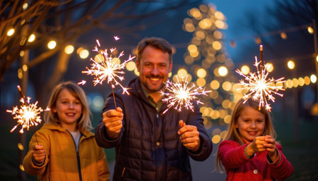 A joyful dad holding sparklers with his children, celebrating festive evening filled with lights and laughterの素材