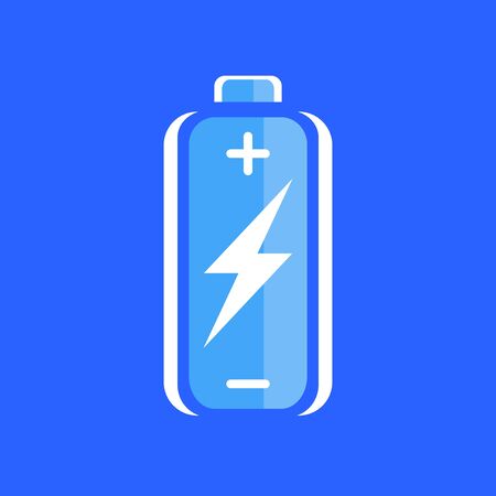 Blue battery charge icon. battery charge sign. battery charge symbol. Battery on blue background. Vector illustration.のイラスト素材