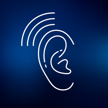 Ear hearing aid icon. Ear hearing aid sign. Ear hearing aid symbol. Thin line icon on blue background. Vector illustration.のイラスト素材