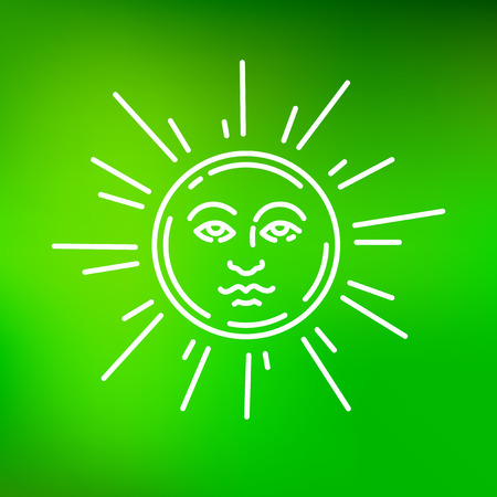 Sun face icon. Sun face sign. Sun face symbol. Thin line icon on green background. Vector illustration.のイラスト素材