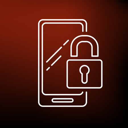 Secure lock mobile smartphone icon. Secure lock mobile smartphone sign. Secure lock mobile smartphone symbol. Thin line icon on red background. Vector illustration.のイラスト素材