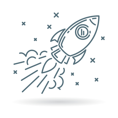Conceptual rocket flying icon. Rocket flying sign. Rocket flying symbol. Thin line icon on white background. Vector illustration of rocket flying through space with stars.のイラスト素材