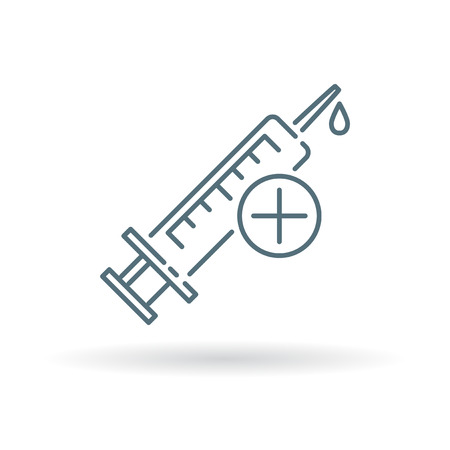 Medical syringe icon. Medical syringe sign. Medical syringe symbol. Thin line icon on white background. Vector illustration.のイラスト素材