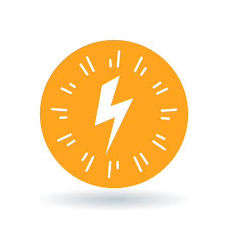 Bolt flash icon. Electricity charge sign. Electric strike symbol. White bolt flash icon on orange circle background. Vector illustration.のイラスト素材