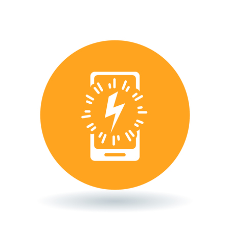 Smartphone power charge icon. Cellphone lightning bolt sign. Mobile thunderbolt symbol. White smartphone power charge icon on orange circle background. Vector illustration.のイラスト素材