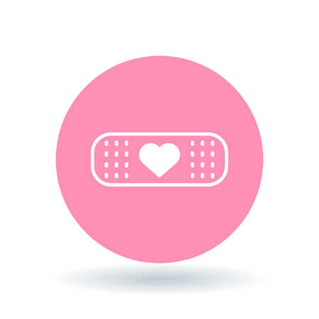 Bandage plaster heart icon. Bandage plaster love sign. Bandage plaster symbol. White plaster heart icon on pink circle background. illustration.のイラスト素材