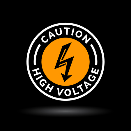 Caution high voltage sign. Electrical hazard arrow icon. Danger electric shock strike symbol. Electric bolt icon in orange circle emblem on black background. Vector illustration.のイラスト素材