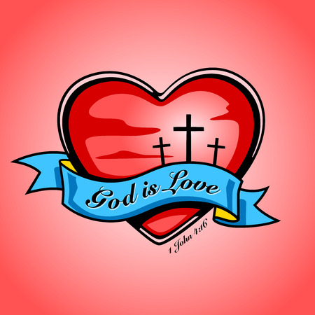Christian crucifixion cross inside red heart and blue banner with God is Love text. Vector tattoo design. 'God is love...' 1 John 4:16のイラスト素材