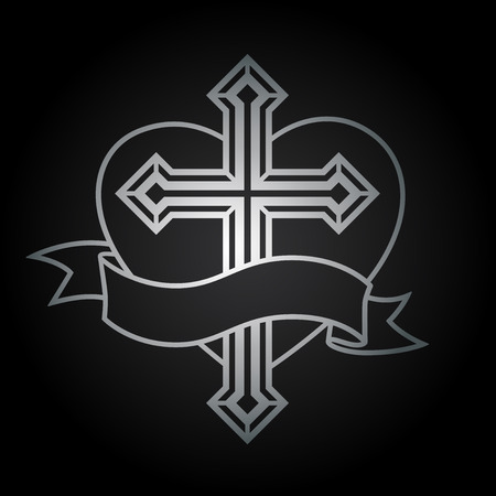 Silver religious Christian cross crucifix with heart and banner icon design on black background.のイラスト素材