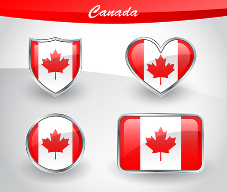 Glossy Canada flag icon set with shield, heart, circle and rectangle shapes in silver frame. Vector illustration.のイラスト素材