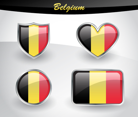 Glossy Belgium flag icon set with shield, heart, circle and rectangle shapes in silver frame. Vector illustration.のイラスト素材