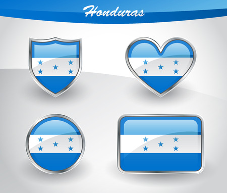 Glossy Honduras flag icon set with shield, heart, circle and rectangle shapes in silver frame. Vector illustration.のイラスト素材