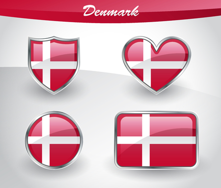 Glossy Denmark flag icon set with shield, heart, circle and rectangle shapes in silver frame. Vector illustration.のイラスト素材