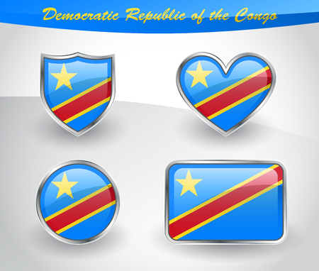 Glossy Democratic Republic of the Congo flag icon set with shield, heart, circle and rectangle shapes in silver frame. Vector illustration.のイラスト素材