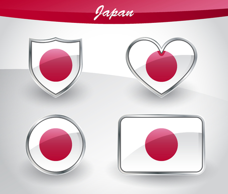 Glossy World flag icon set with shield, heart, circle and rectangle shapes in silver frame. Vector illustration.のイラスト素材