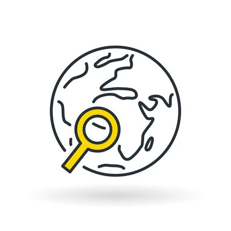 Simple dark blue world with yellow magnifying glass icon. Earth search sign. Thin line icon on white background. Vector illustration.のイラスト素材