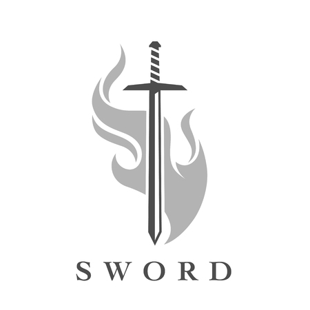 Sword with flame sign template. Professional weapon icon isolated on white background. Vector illustration.のイラスト素材