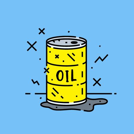 Oil barrel spill icon. Cartoon petroleum pollution  leak from yellow metal drum symbol isolated on blue background. Vector illustration.のイラスト素材