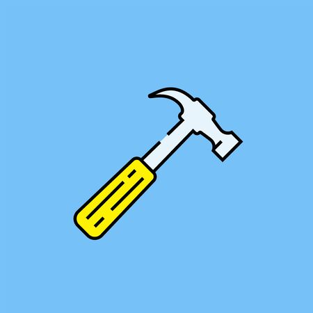 Hammer line icon. Hardware tool symbol with yellow handle isolated on blue background. Vector illustration.のイラスト素材