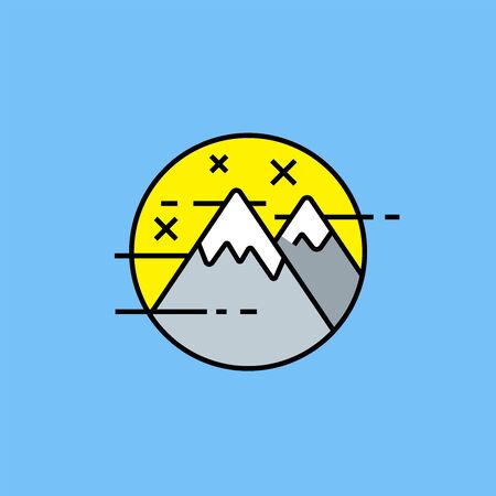 Mountains stars line icon. Simple mountain adventure emblem. Outdoor nature landscape symbol isolated on blue background. Vector illustration.のイラスト素材