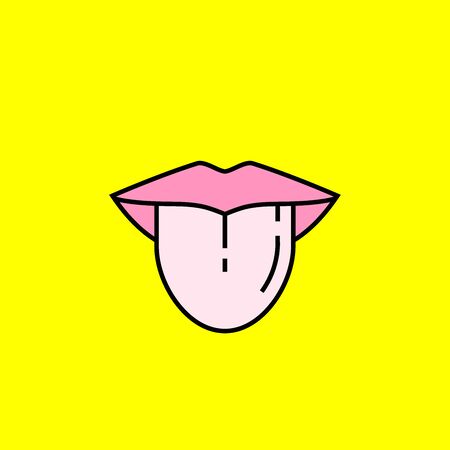 Tongue lips line icon. Pink lipstick lick symbol isolated on yellow background. Vector illustration.のイラスト素材