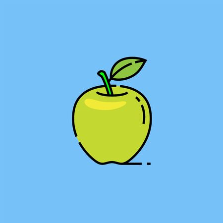 Green Granny Smith apple line icon. Healthy fruit snack symbol isolated on blue background. Natural food diet sign. Vector illustration.のイラスト素材