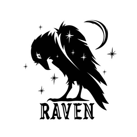 Dark raven silhouette icon. Black crow graphic at night with moon and stars design. Vector bird illustration.のイラスト素材
