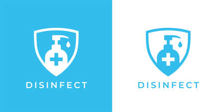 Disinfect medical shield logo. Hand sanitizer badge icon. Antibacterial gel pump dispenser bottle symbol. Sanitary medical hygiene emblem. Vector illustration.のイラスト素材