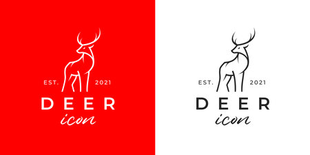 Deer logo. Buck line icon. Wild reindeer outdoor brand label. Elk antlers sign. Wildlife stag symbol. Vector illustration.のイラスト素材